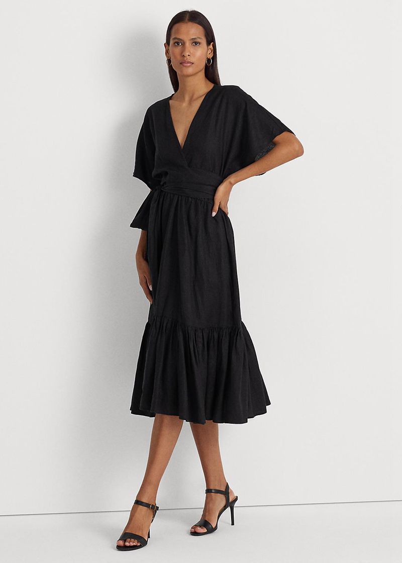 Sukienka Lauren Damska Czarne Belted Linen Wrap-Style 129836-TBO